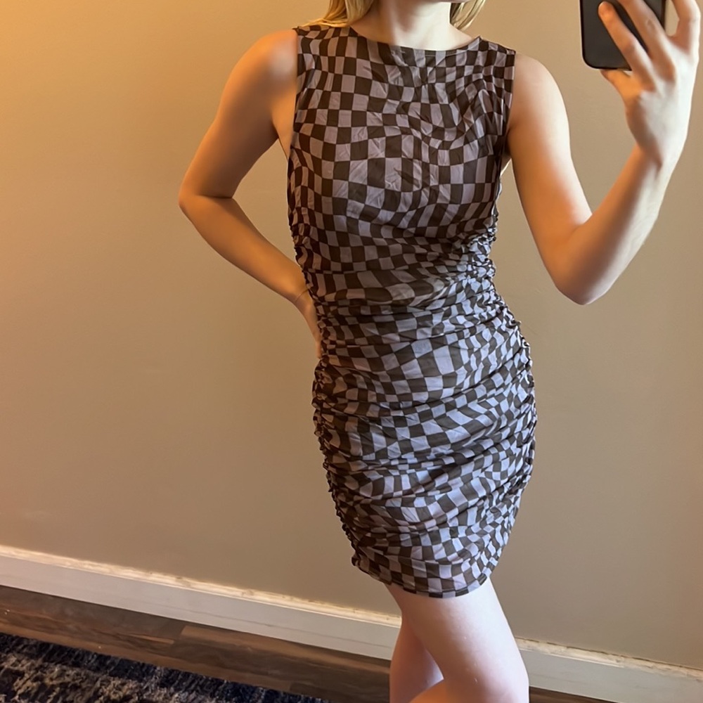 🤎brown and olive checkered ruched mesh dress urban outfitters